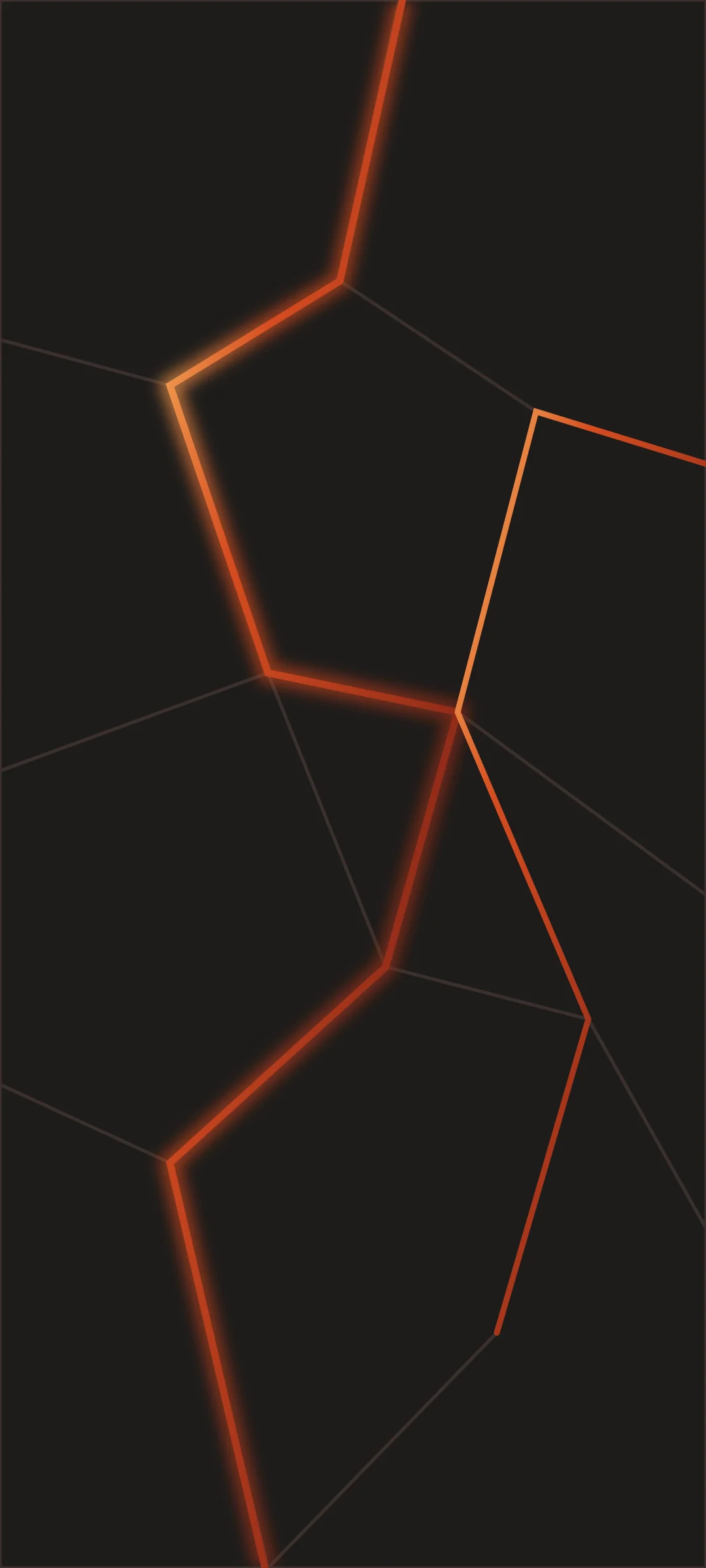 Geometric black rock sections crossed by glowing lava lines